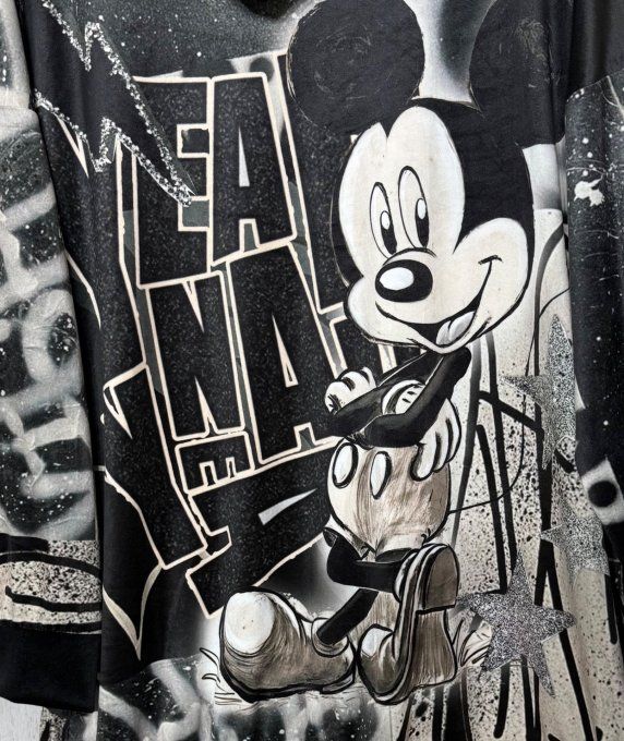 Sweat long à capuche velours fin noir et gris Mickey Mouse rétro 30's Comics Douceur +++ du 40 au 52