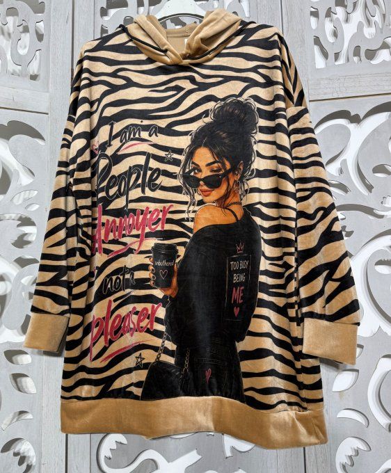 Sweat long à capuche velours fin zébré noir et camel Pretty Fashion Girl Douceur +++ du 40 au 52