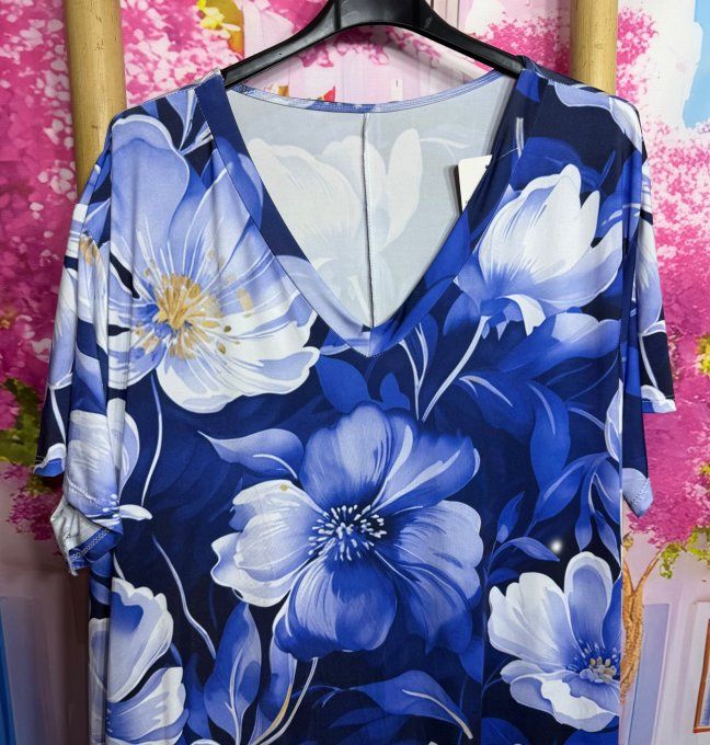 Robe trapèze longue bleu nuit Grandes Fleurs blanches bleutées du 42 au 54/56  