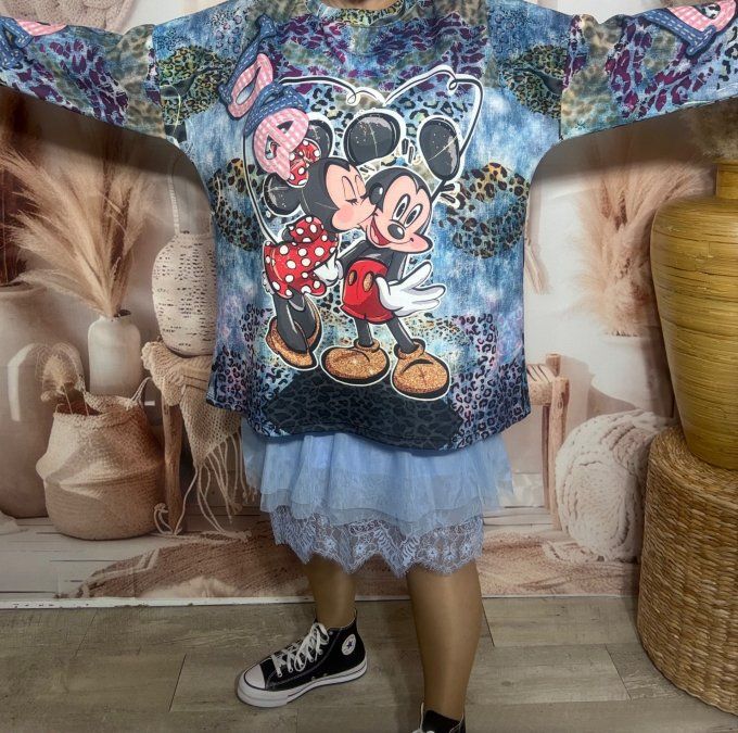 Sweat ample bleu marbré grisé Mickey Mouse & Minnie Amoureux du 40 au 52/54