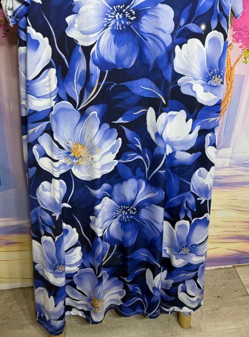 Robe trapèze longue bleu nuit Grandes Fleurs blanches bleutées du 42 au 54/56  