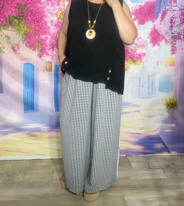 Pantalon Palazzo cuisses larges Vichy noir et blanc taille élastiquée du 40 au 52
