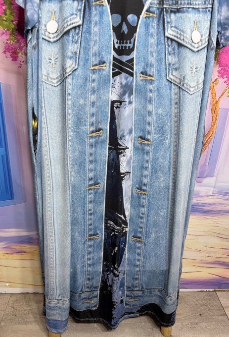 Robe trapèze longue trompe-l’œil veste longue en jeans délavé Skulls Calavera du 42 au 54/56