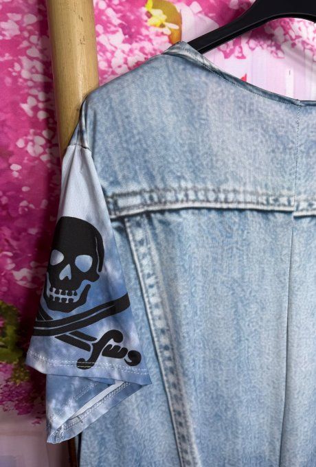 Robe trapèze longue trompe-l’œil veste longue en jeans délavé Skulls Calavera du 42 au 54/56