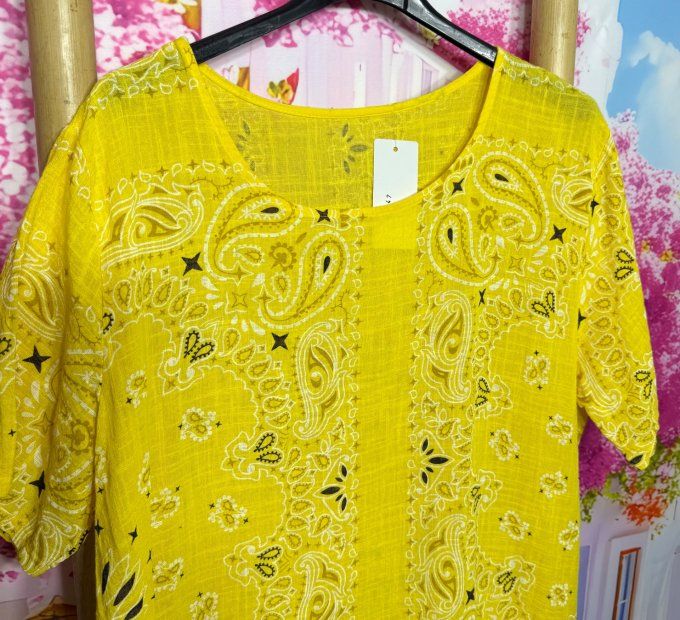 Robe courte droite coton jaune aspect lin motifs Bandanas Paisley du 36 au 46