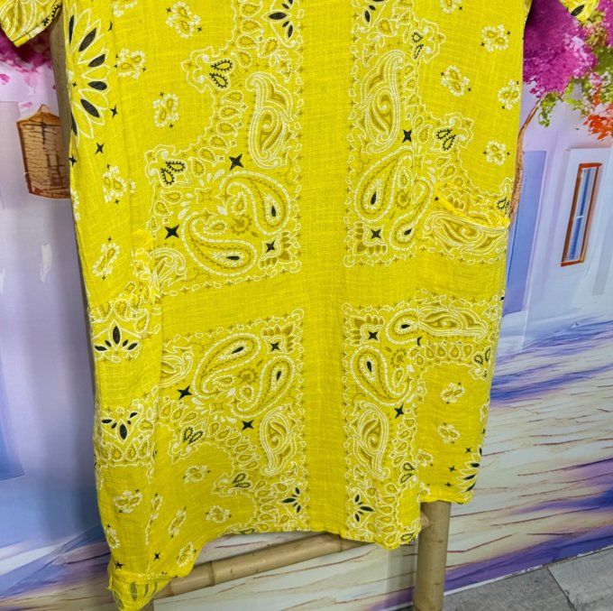 Robe courte droite coton jaune aspect lin motifs Bandanas Paisley du 36 au 46