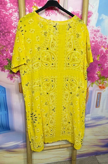 Robe courte droite coton jaune aspect lin motifs Bandanas Paisley du 36 au 46
