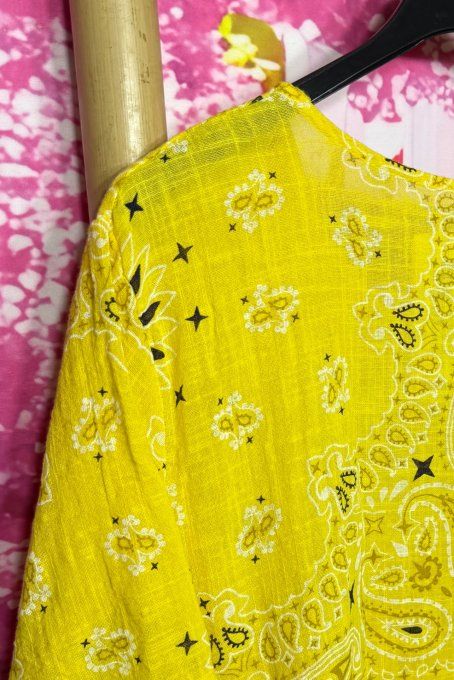 Robe courte droite coton jaune aspect lin motifs Bandanas Paisley du 36 au 46