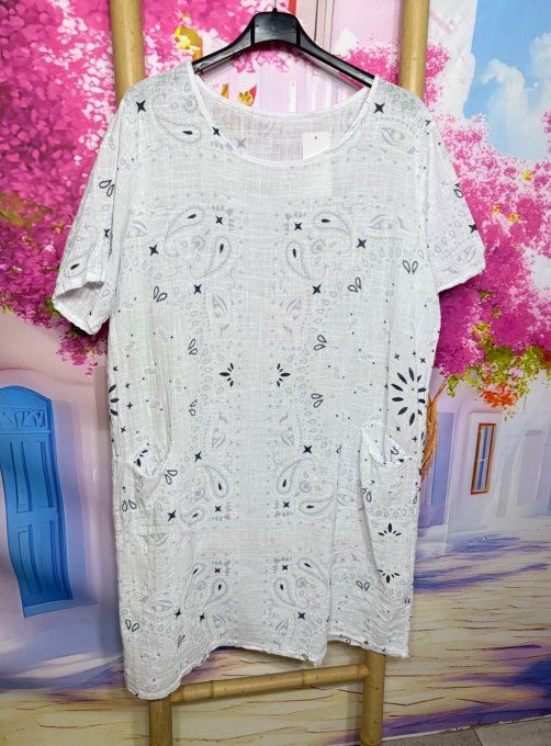 Robe courte droite coton blanc aspect lin motifs Bandanas Paisley du 36 au 46
