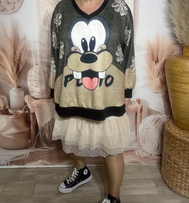 Sweat ample col V manches longues Pluto Disney Comics du 40 au 52/54