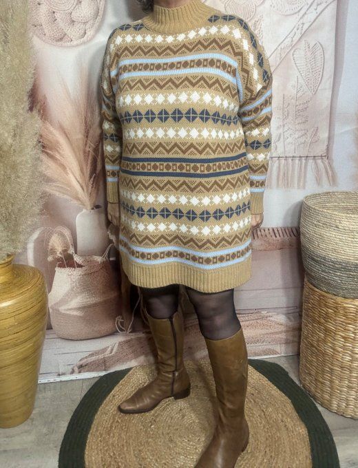 Robe-pull SANS LAINE Jacquard montagnard camel choco ciel marine crème du 34 au 46/48