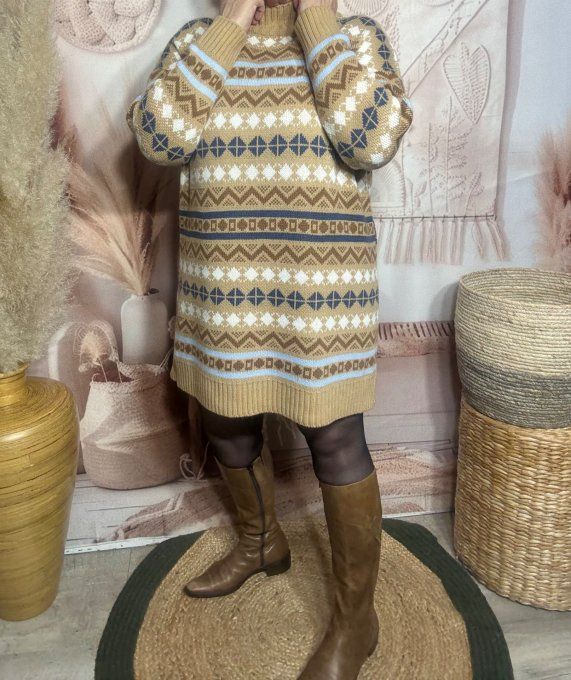 Robe-pull SANS LAINE Jacquard montagnard camel choco ciel marine crème du 34 au 46/48