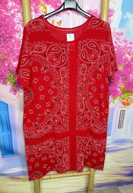 Robe courte droite coton rouge aspect lin motifs Bandanas Paisley du 36 au 46