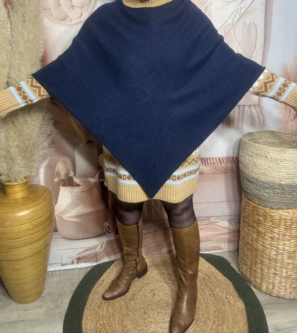 Poncho long ou Chauffe-épaules SANS LAINE marine douceur ++++ du 34 au 48/50