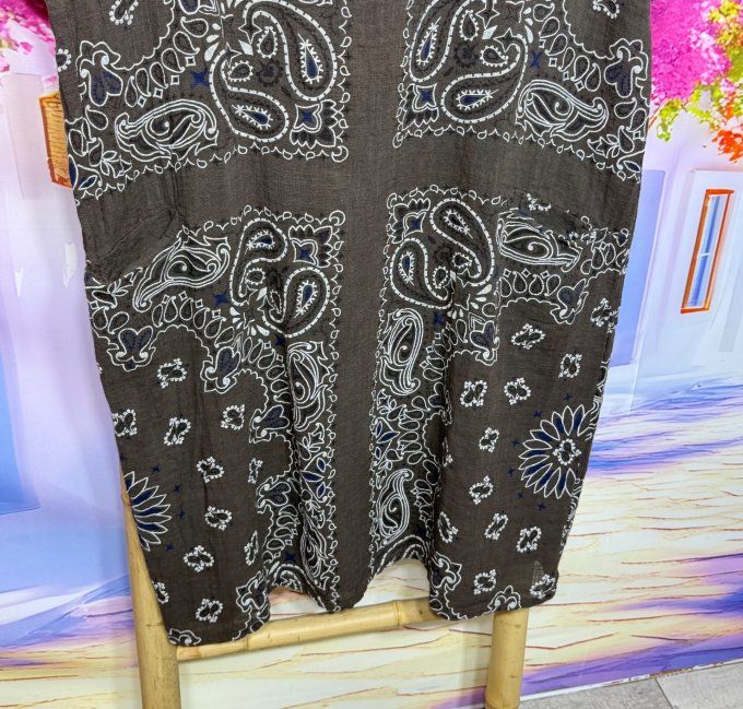 Robe courte droite coton chocolat aspect lin motifs Bandanas Paisley du 36 au 46 