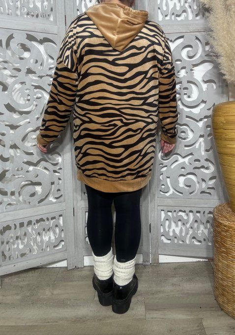 Sweat long à capuche velours fin zébré noir et camel Pretty Fashion Girl Douceur +++ du 40 au 52