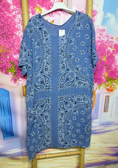 Robe courte droite coton bleu jeans aspect lin motifs Bandanas Paisley du 36 au 46 