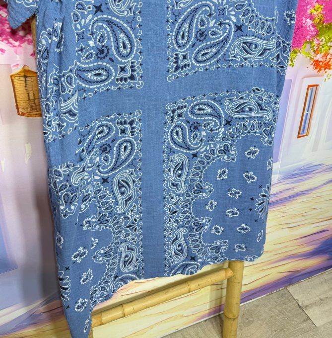 Robe courte droite coton bleu jeans aspect lin motifs Bandanas Paisley du 36 au 46 
