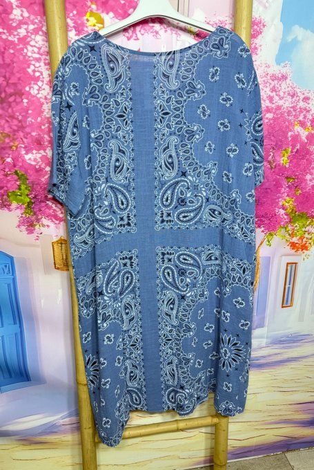 Robe courte droite coton bleu jeans aspect lin motifs Bandanas Paisley du 36 au 46 