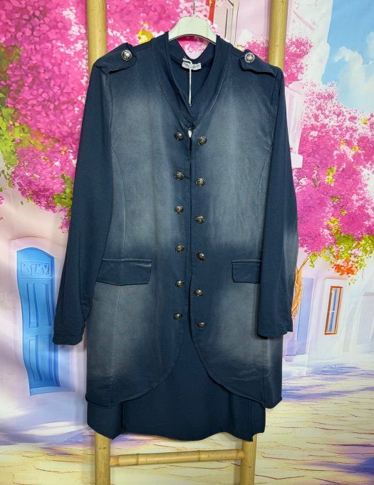 Veste longue type Officier coton marine délavé boutons argentés confort +++ du 40 au 50 et même +