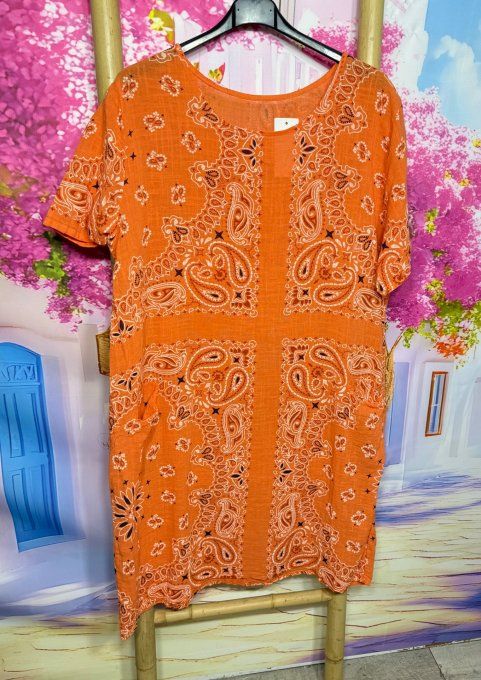 Robe courte droite coton orange aspect lin motifs Bandanas Paisley du 36 au 46