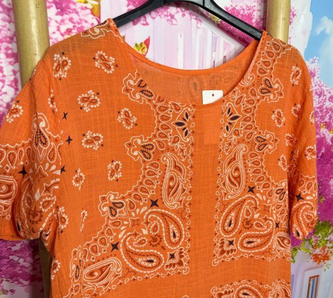 Robe courte droite coton orange aspect lin motifs Bandanas Paisley du 36 au 46