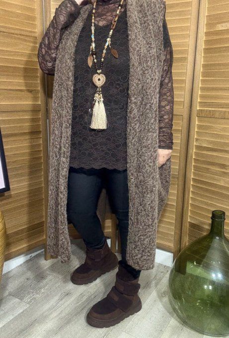 gilet long sans manches ample bouclette chocolat chiné du 40 au 52 