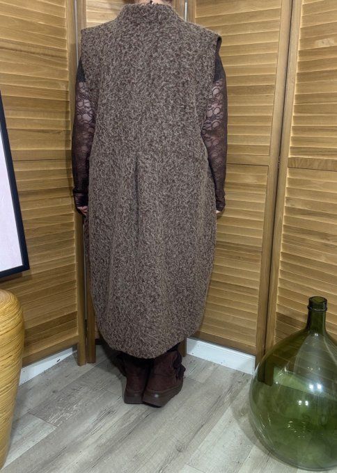 gilet long sans manches ample bouclette chocolat chiné du 40 au 52 