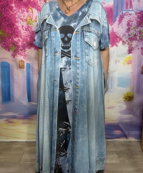 Robe trapèze longue trompe-l’œil veste longue en jeans délavé Skulls Calavera du 42 au 54/56