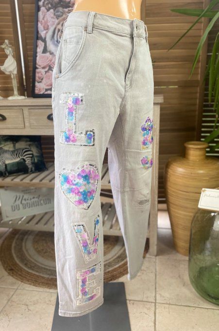 Jeans gris délavé Love N°5 Fleurs sequins multicolores taille haute stretch du 40 au 44/46
