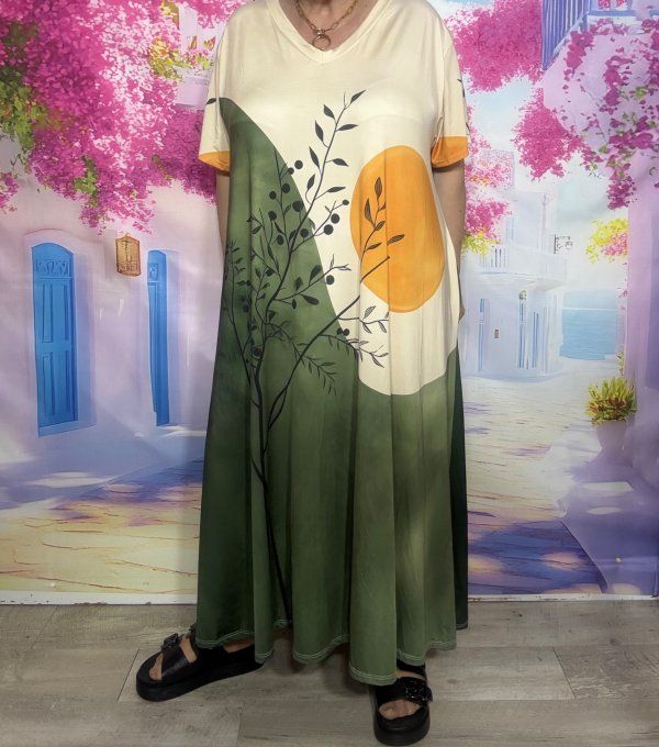 Robe trapèze longue marbrée crème et kaki Soleil orange Esprit Japonisant Zen du 42 au 54/56 