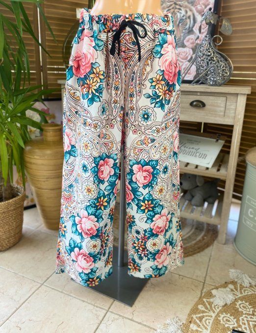 pantalon façon Palazzo crème Fleurs Liberty printanières confort +++ du 42 au 52/54