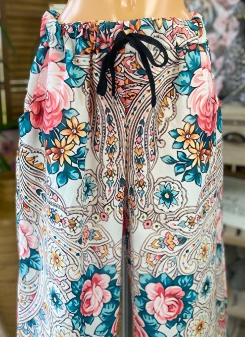 pantalon façon Palazzo crème Fleurs Liberty printanières confort +++ du 42 au 52/54