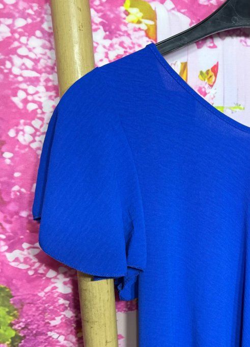 Robe trapèze mi-longue Bleu Royal manches courtes volantées douceur ++++ du 38 au 50