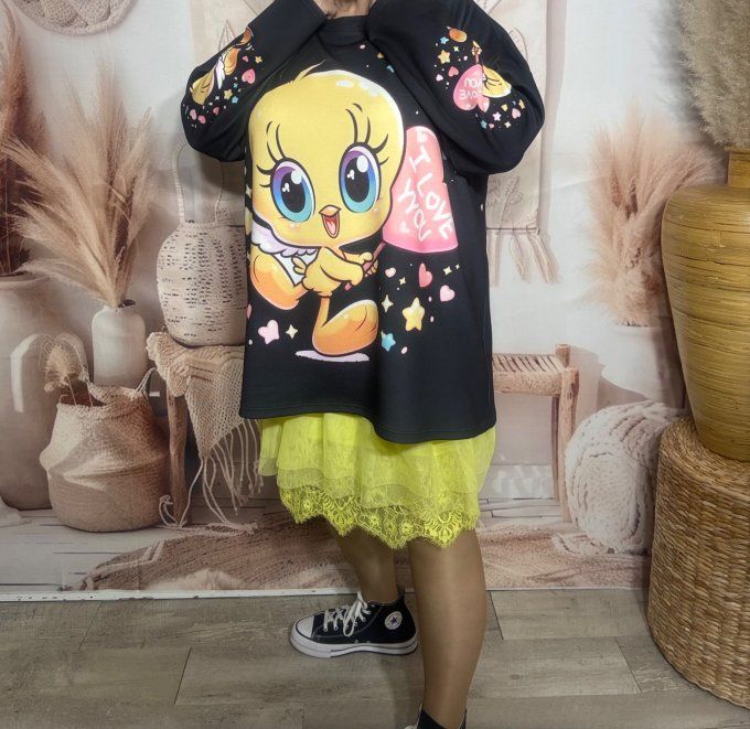 Sweat ample noir Titi Baby Angel Love étoiles coeurs multicolores du 40 au 52/54  