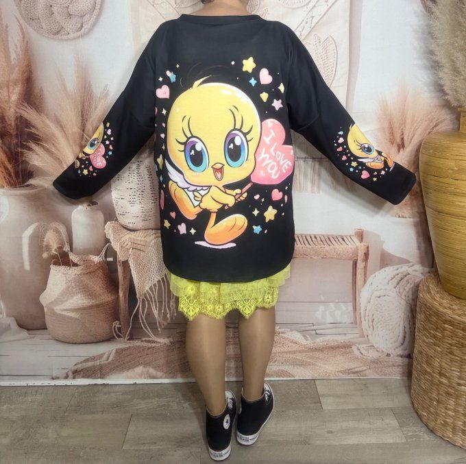 Sweat ample noir Titi Baby Angel Love étoiles coeurs multicolores du 40 au 52/54  