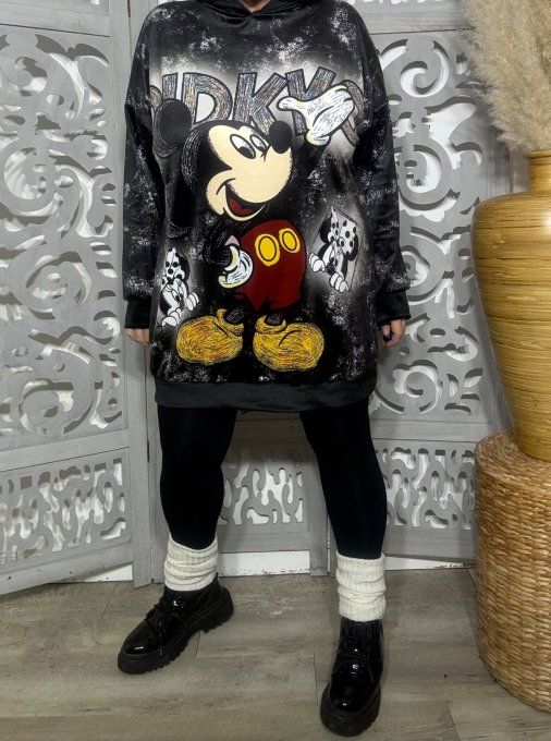 Sweat long à capuche velours fin noir marbré Mickey Mouse rétro 1930's Douceur +++ du 40 au 52