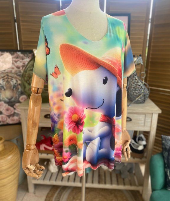 Top fin ample multicolore Snoopy au milieu des Fleurs du 40 au 52 