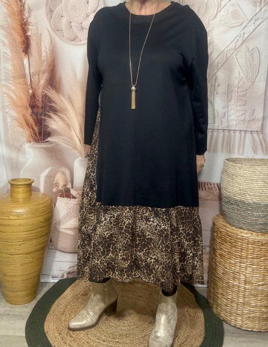 Robe trapèze longue asymétrique noire & Léopard ajustable  du 38 au 46
