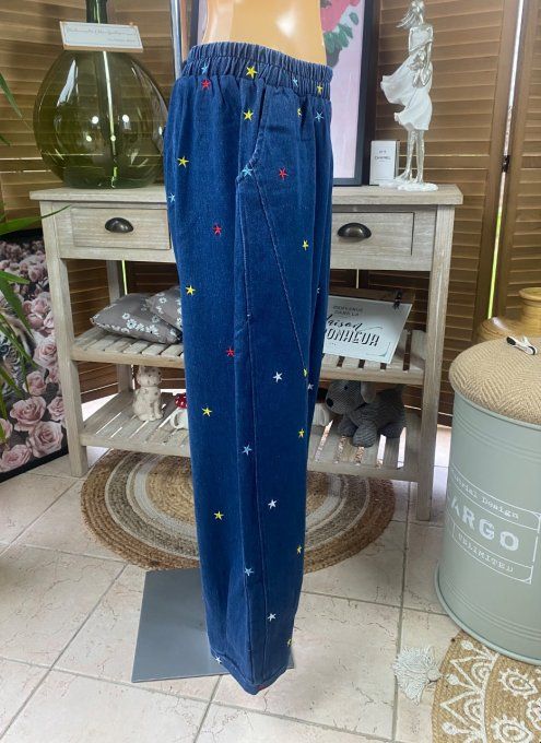 Pantalon Tenko Wide Leg jeans bleu stone foncé étoiles multicolores brodées du 40 au 46/48 