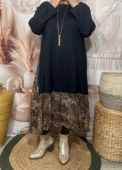 Robe trapèze longue asymétrique noire & Léopard ajustable du 38 au 46