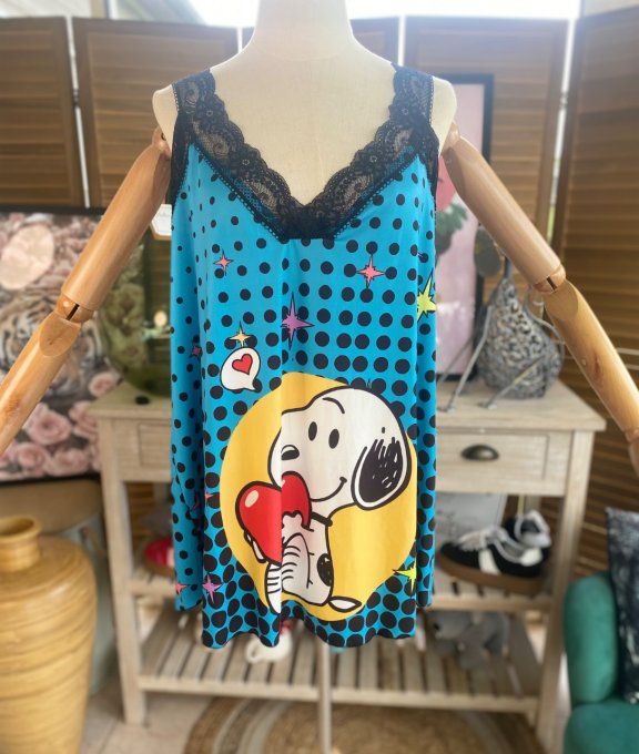 Caraco Débardeur Top trapèze satiné mat & dentelle Snoopy in Love du 40 au 52   