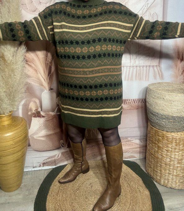 Robe-pull SANS LAINE Jacquard montagnard Kaki camel choco noir beige du 34 au 46/48 