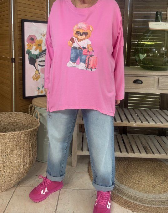 Sweat léger oversize asymétrique rose bonbon My Pretty Teddy Bear du 38 au 48/50