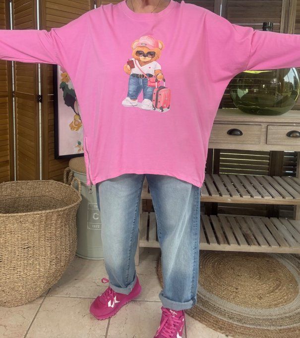 Sweat léger oversize asymétrique rose bonbon My Pretty Teddy Bear du 38 au 48/50