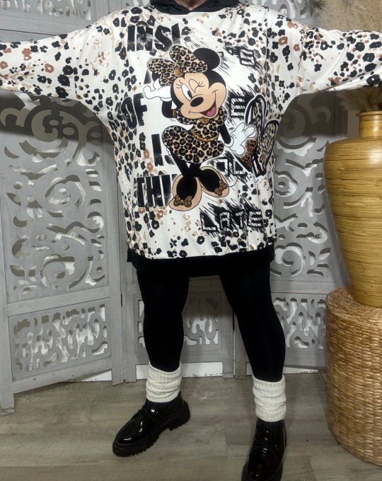 Sweat long à capuche velours fin crème moucheté choco Minnie Mouse Disney Douceur +++ du 40 au 52