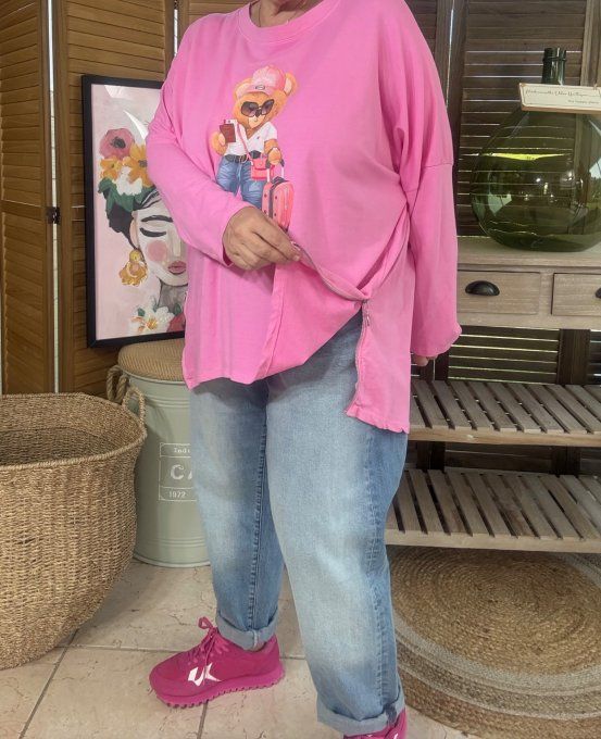 Sweat léger oversize asymétrique rose bonbon My Pretty Teddy Bear du 38 au 48/50