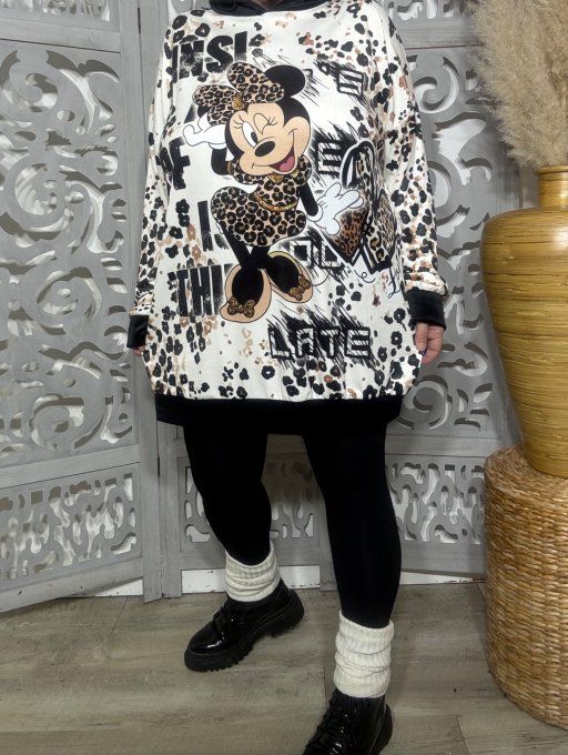 Sweat long à capuche velours fin crème moucheté choco Minnie Mouse Disney Douceur +++ du 40 au 52