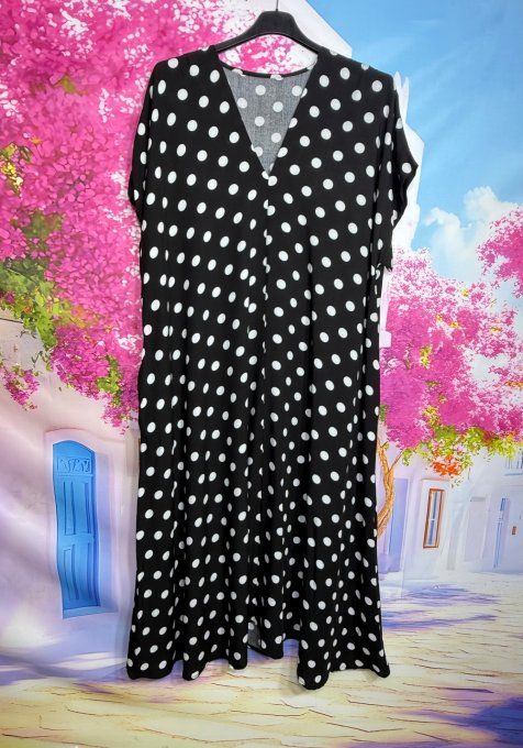 Robe trapèze longue noire  pois blancs Flamenco Vibes douceur ++++ du 40 au 50/52