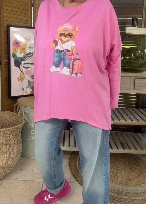 Sweat léger oversize asymétrique rose bonbon My Pretty Teddy Bear du 38 au 48/50